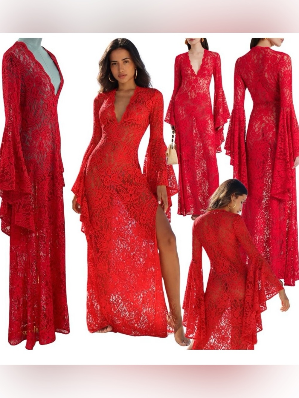 Red Long Sleeve Lace Maxi Dress - Elegant V-Neck